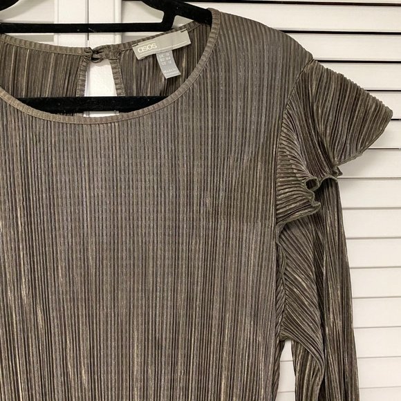 ASOS Plisse Khaki Ruffle Sleeve Mini Dress - Picture 3 of 8